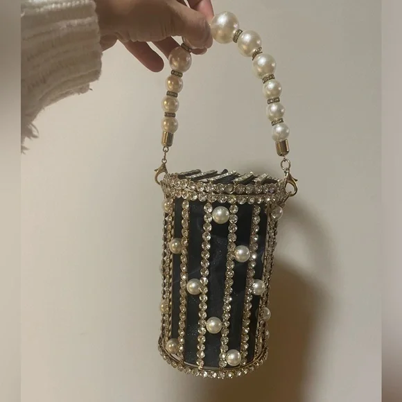 Metallic Cage Evening Bag with Pearls & Rhinestones Bucket Clutch Purse - Picture 2 of 14